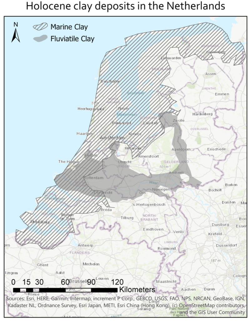 Indicatie van de jonge Holocene kleiafzettingen in Nederland. 