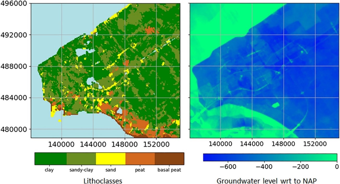 Figure 2: Links (A): de lithologische opbouw van het onderzoeksgebied, op basis van het GEOTOP model van TNO. Rechts (B): de grondwater diepte ten opzichte van NAP in het onderzoeksgebied in voorjaar 2015. Zichtbaar zijn de stad en sommige wegen.